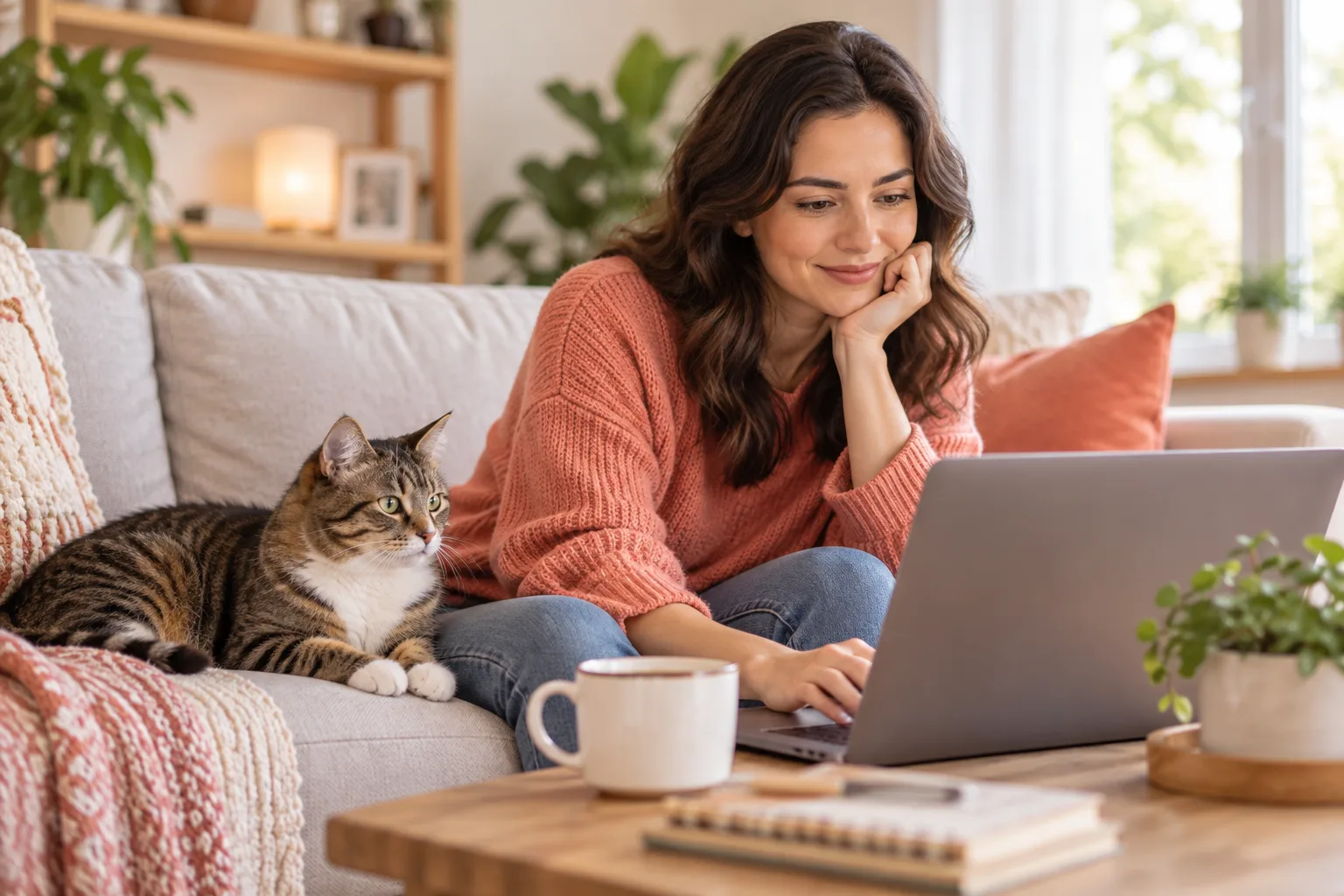 Owner researching information on a laptop beside a tabby cat